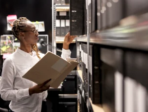Long term storage, lady looking at some folders