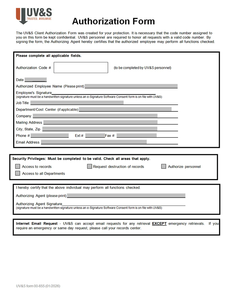 UV&S Authorization Form - January 2026